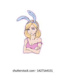 Cartoon girl with bunny ears drawn vector illustration sticker