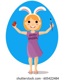 Cartoon girl with bunny ears paints egg for Easter. Cute smiling kid drawing with brush. Flat style vector illustration of full body detailed character