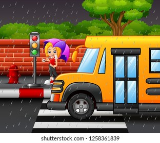 Cartoon girl carrying umbrella under the rain on the roadside