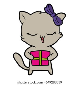 cartoon girl cat with christmas present