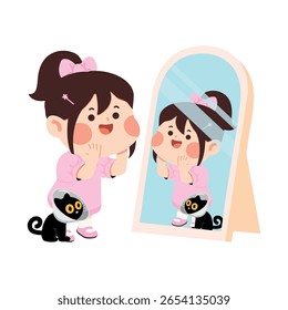 Cartoon Girl and Cat Looking in Mirror flat