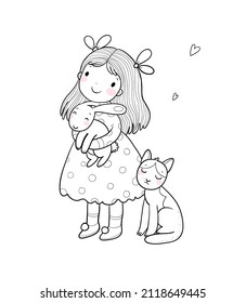 Сute cartoon girl with a cat and a rabbit. Baby with animals. Coloring book page