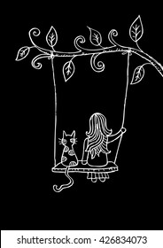 Cartoon girl and cat swinging on branch.