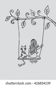 Cartoon girl and cat swinging on branch.