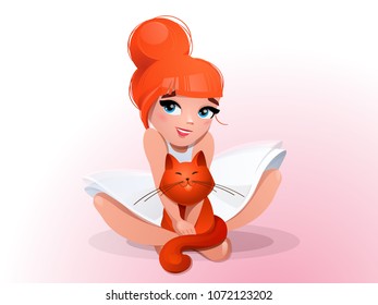 Cartoon girl with a cat. Vector illustration