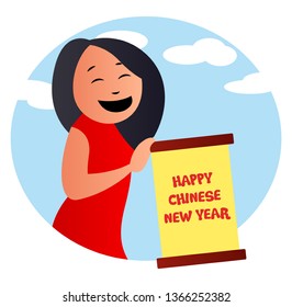 Cartoon girl celebrating chinese new year vector illustration on white background