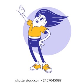 Cartoon girl celebrating successful achievement of the goal. Cute retro groovy hippie illustration for mascot, animation and stickers. Collection of 70s groovy comic vector characters.