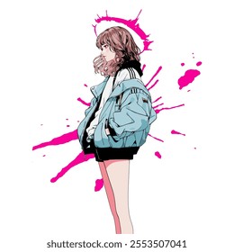 Cartoon girl character in blue jacket with abstract background