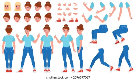 Cartoon girl character creation constructor with poses and facial expressions. Woman character body parts creation elements vector illustration set. Girl poses construction, walking and sitting legs