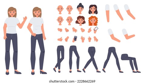 Cartoon girl character creation constructor. Cute blonde woman, legs and hands animation kit. Emotional teenager posing, snugly body parts vector set