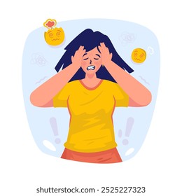 Cartoon girl character with depressed expression, A young woman holding her head, Stressful mood, Facing problems gesture, Vector illustration