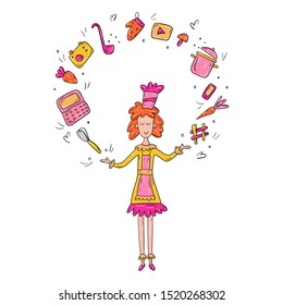 Cartoon girl character food or cooking blogger - Young woman juggling with kitchenware, gadget, social media icon objects - Vector illustration isolated on white