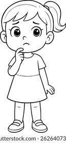 Cartoon girl character looking confused with hand on chin in black and white line art style