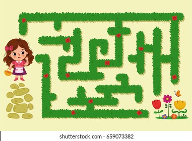 Cartoon Girl Character In The Maze. (Maze Game For Kids, Vector Illustration)