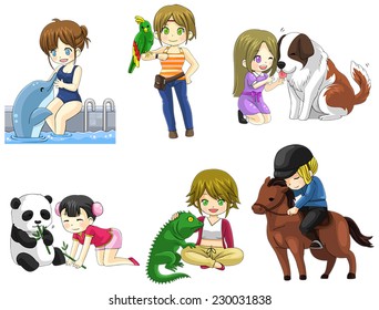Cartoon girl character playing and take care of her cute pet dolphin parrot horse iguana panda bear and saint Bernard dog icon collection set 2, create by vector