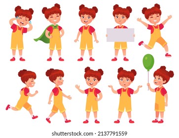 Cartoon girl character poses, gestures and expressions. Casual kindergarten kid actions. Superhero girl. Female child standing, playing, crying, thinking and jumping vector set