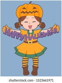 Cartoon girl character in pumpkin costume holding Happy Halloween lettering phrase in hands. Art for poster, web banner, party invitation, social media. Flat vector illustration for greeting card. 