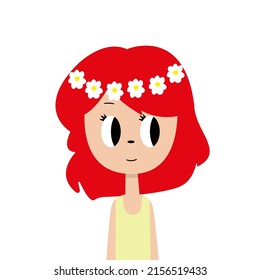Cartoon girl character with red hair and a flower wreath. Cute cartoon girl character. Vector stock illustration.