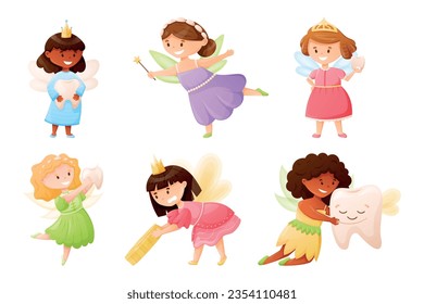 Cartoon girl character, tooth fairy with wings and crown. Vector set of isolated illustrations.