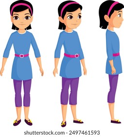 Cartoon Girl Character Turnarounds, Vector, Young Girl, front, side, color, turnaround, Character design