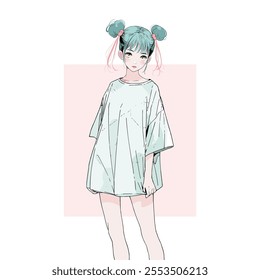 Cartoon girl character wear oversize t-shirts