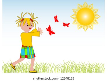 cartoon girl chasing butterflies