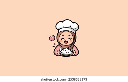 Chica de dibujos animados chef en hijab sonriendo mientras sostiene un plato.