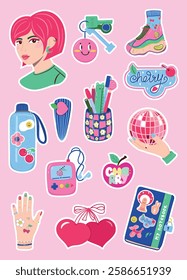 Cartoon girl cherry lifestyle sticker pack on a pink background with white strokes. Cute female icons for life, school, hobby. Disco ball, snickers, water bottle, notebook, heart, music, cup for pens.