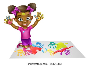 Cartoon girl child playing with paints and having fun