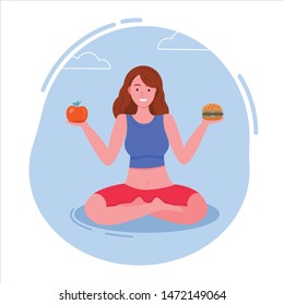 Cartoon girl chooses between a healthy food and harmful food. Girl in lotus position doing yoga in the park.