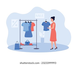 Cartoon girl chooses shirt on hanger in store. Young people doing shopping. Making purchases from sale in fashion boutiques. Modern consumerism society. Vector illustration