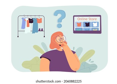 Cartoon girl choosing between online store and trying on clothes. Woman thinking of buying clothing from internet or local shop flat vector illustration. Shopping, ecommerce concept for banner