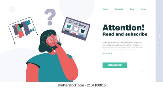 Cartoon girl choosing between online store and trying on clothes. Woman thinking of buying clothing from internet or local shop flat vector illustration. Shopping, ecommerce concept for banner