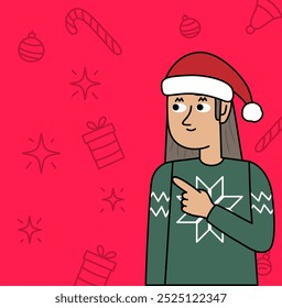 Cartoon of a girl in a Christmas sweater pointing with her finger