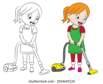 cartoon girl cleaning home using vacuum cleaner, both in separate layer for easy editing