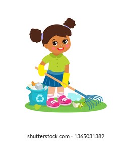 Cartoon Girl Cleaning And Raking Garbage Vector. Contributing Into Environment Preservation. Kids Who Protect Nature. Volunteer Kid, Ecology, Ecological Concept. Flat Character Vector Isolated White.