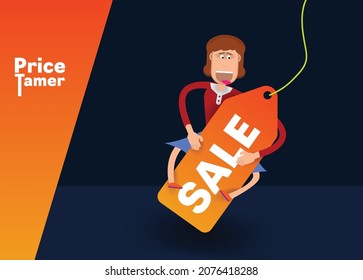 Cartoon girl climbed on the price tag with the inscription sale. Vector banner