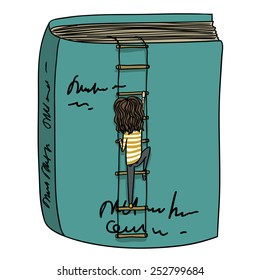 Cartoon Girl Climbing the Rope-Ladder into The Book