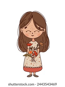 Cartoon girl with closed eyes in a dress and with a bouquet of flowers on a white background, copy space, banner, advertising, postcard, business card, typography