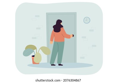 Cartoon girl closing apartment door or hearing knock outside and opening it. Young woman holding doorknob and entering house building flat vector illustration. Daily routine, new opportunity concept