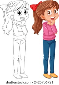 Cartoon girl in color and outline versions