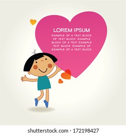Cartoon girl with colored hearts. Valentine day concept. The file is saved in the version AI10 EPS. This image contains transparency.