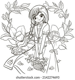 cartoon girl coloring page cute kawaii manga line art doodle flower 