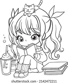 cartoon girl coloring page cute kawaii manga book doodle