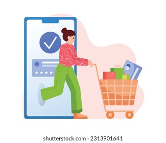 Cartoon girl comes out of mobile app with shopping cart. Purchasing goods via Internet during big sales and discounts. Consumer society and commercial business. Vector