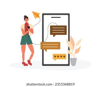 Cartoon girl consultant messaging through mobile app. Time for online communication. Social distancing and mobile chat conversation. Vector flat style illustration