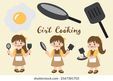 Cartoon Girl Cooking with Kitchen Utensils