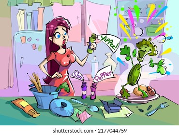Cartoon girl cooks pasta and salad in the kitchen. The girl uses an unusual spice that turned vegetables into a living character. Cartoon vector Illustrations.