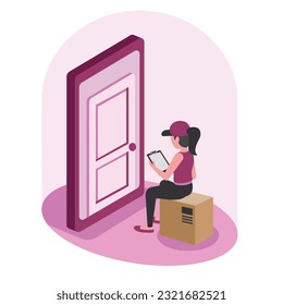 Cartoon girl courier delivered parcel to clients door and checks order through mobile app. Purchase of goods via internet. Delivery for commercial business. Waiting and delivery of parcels. Vector