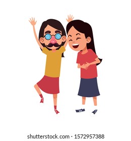 cartoon girl with crazy glasses and girl laughing icon over white background, vector illustration